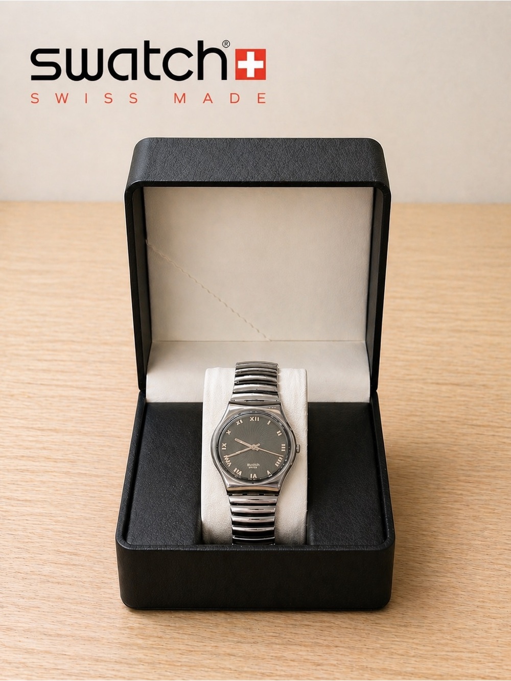 Vintage 1989 Swatch "Iron Man" GY116 Black Dial Silver Flex Band Quartz Watch